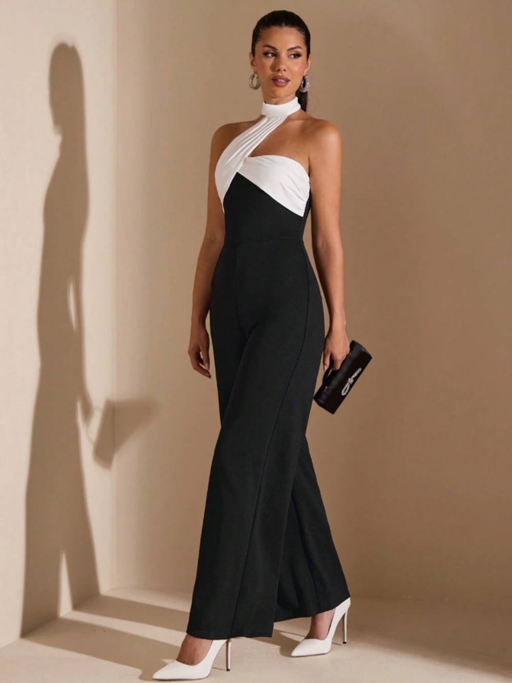 Asymmetrical White Halter Black Elegant Jumpsuit Zipper Closure - Picture 2 of 8